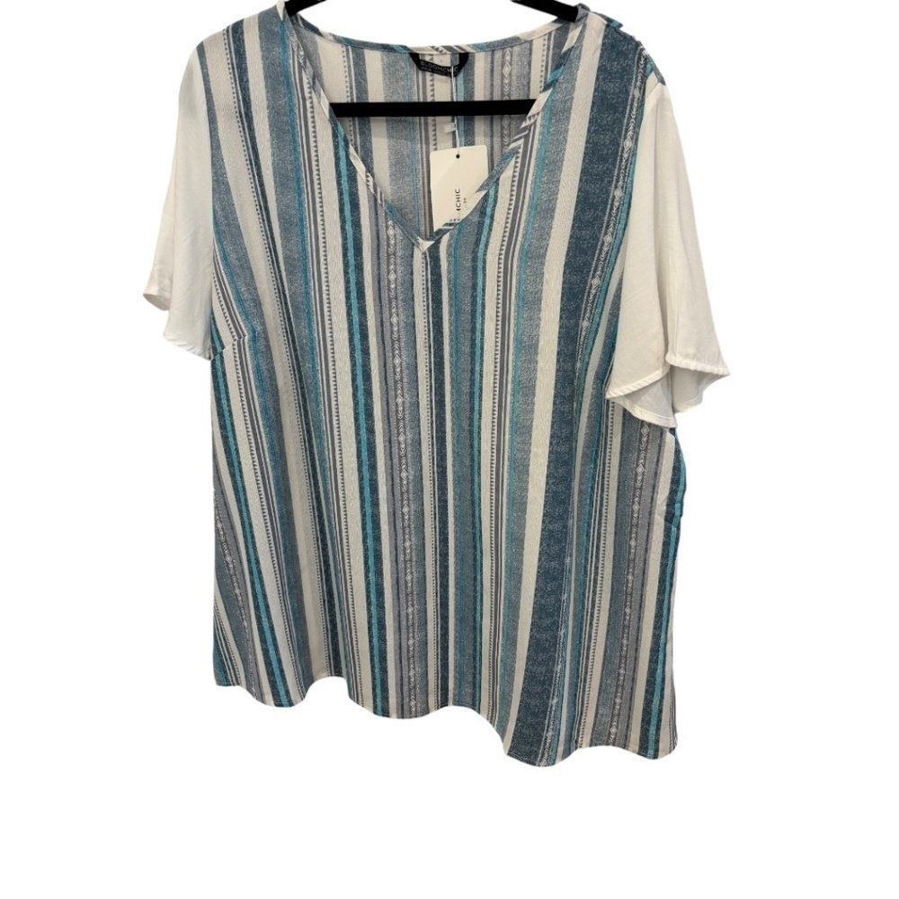 Bloomchic V-neck Striped Flutter Short Sleeve Blouse Polyester Blend Top Size 18
